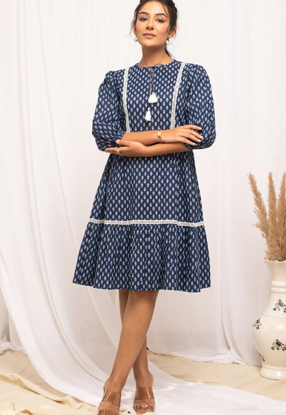 Printed Cotton Short Dress in Navy Blue