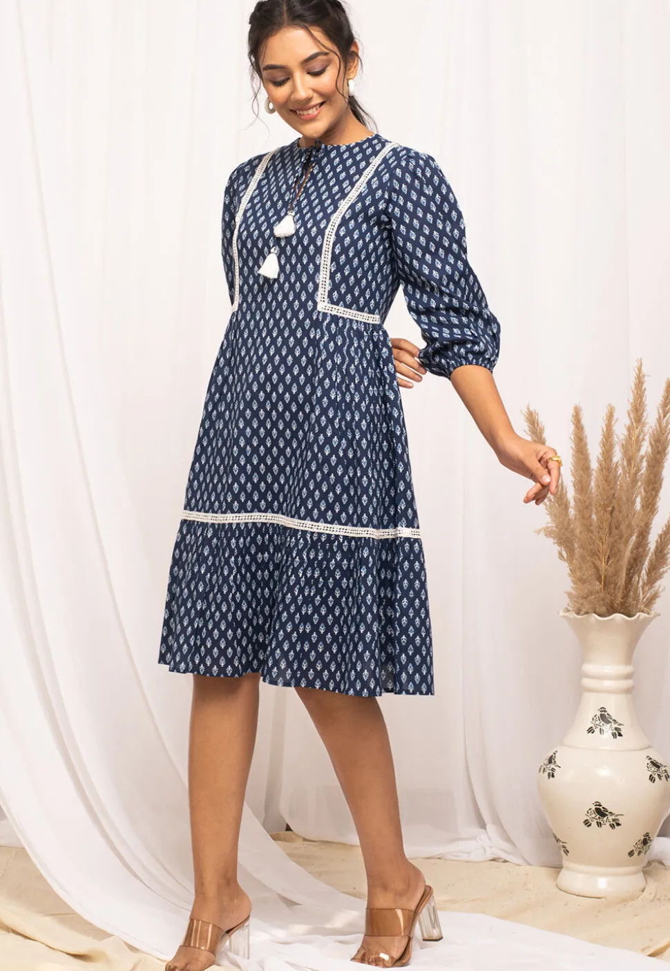 Printed Cotton Short Dress in Navy Blue