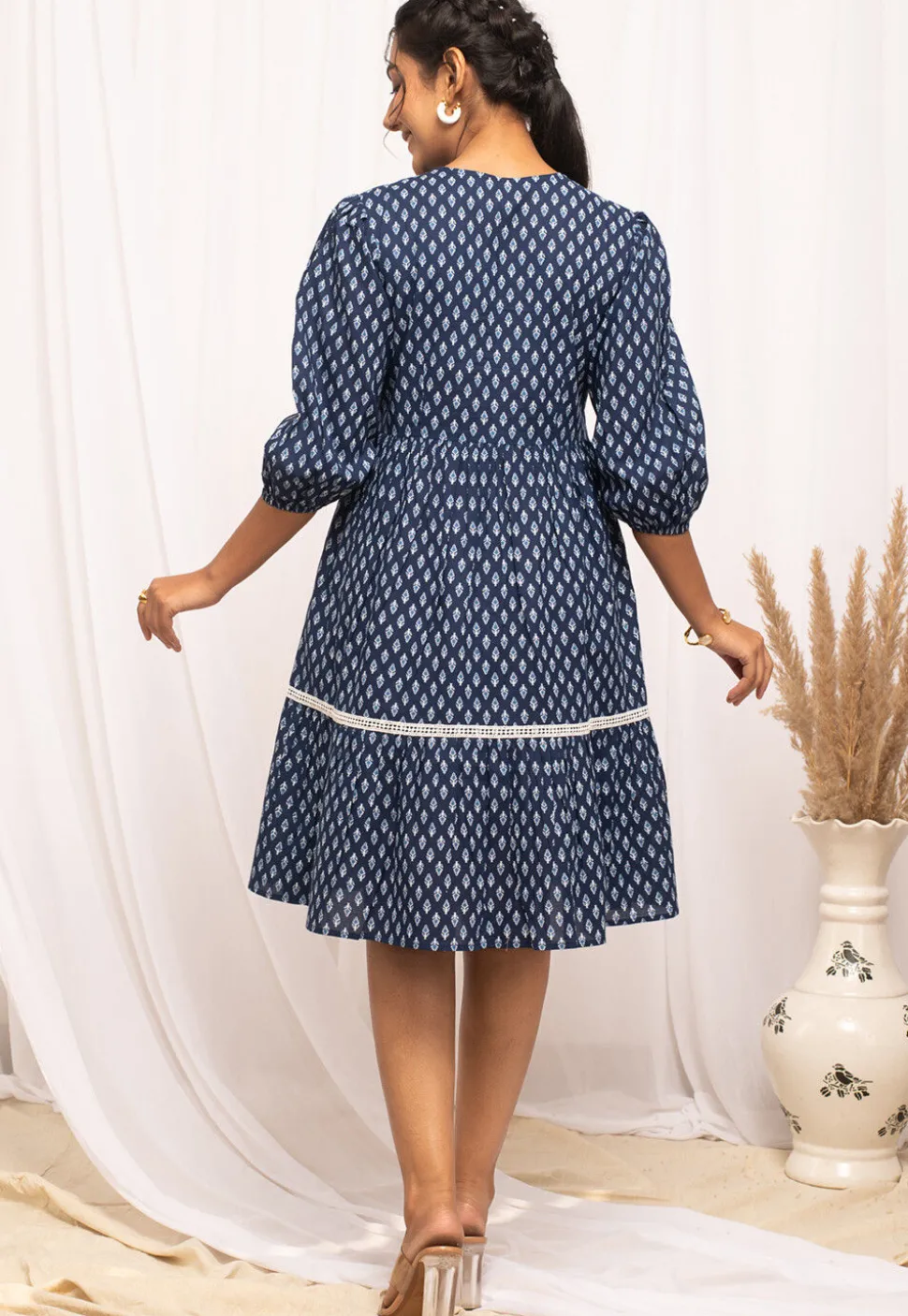 Printed Cotton Short Dress in Navy Blue