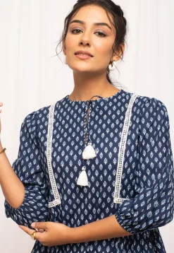 Printed Cotton Short Dress in Navy Blue