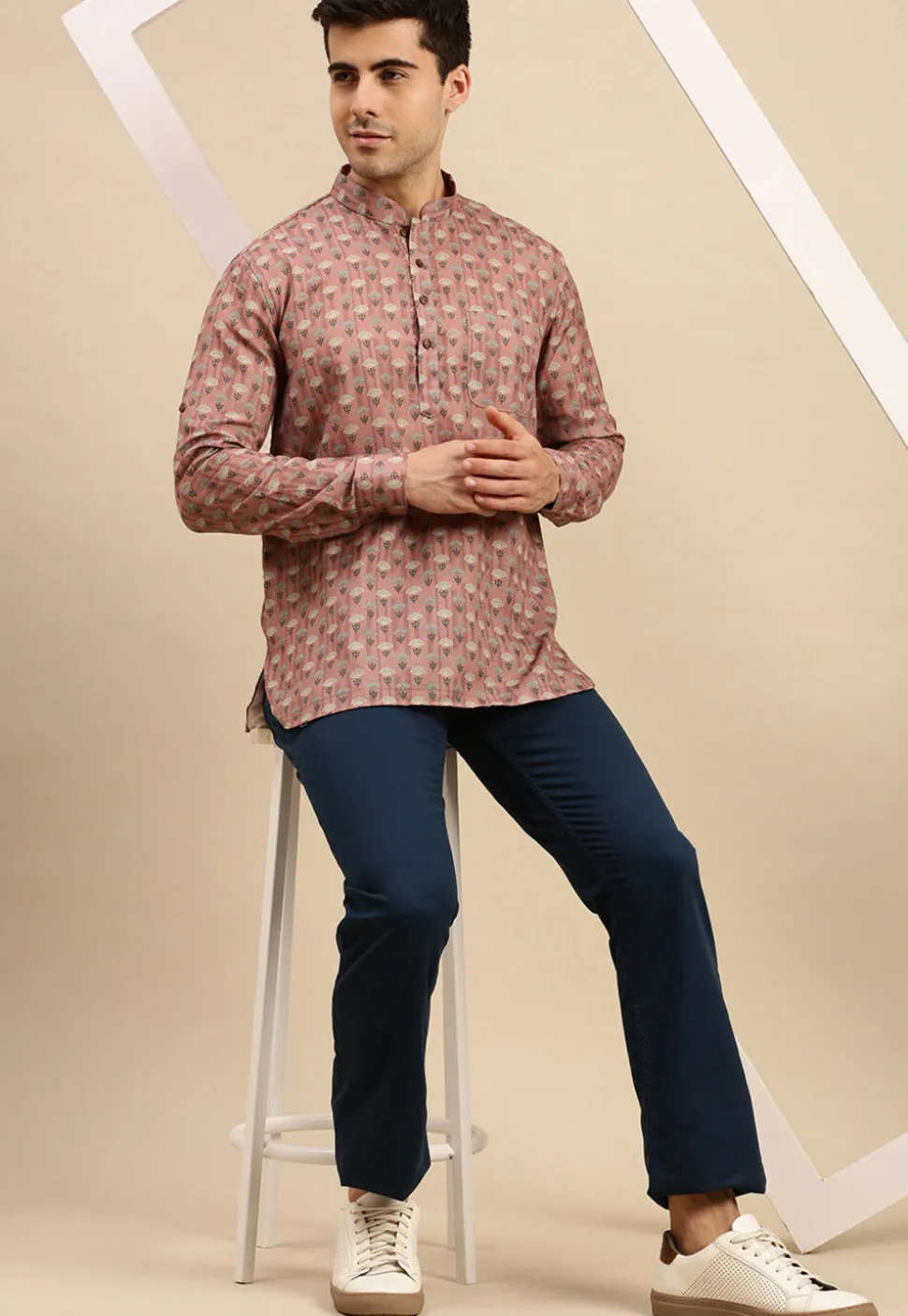 Printed Cotton Short Kurta in Old Rose