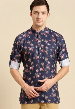 Printed Cotton Short Kurta in Navy Blue