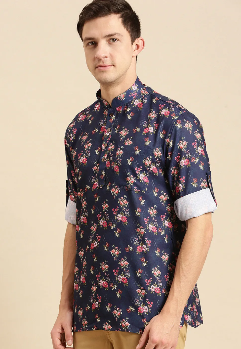 Printed Cotton Short Kurta in Navy Blue