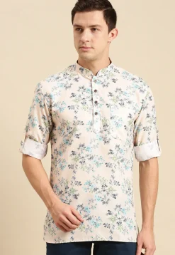 Printed Cotton Short Kurta in Cream
