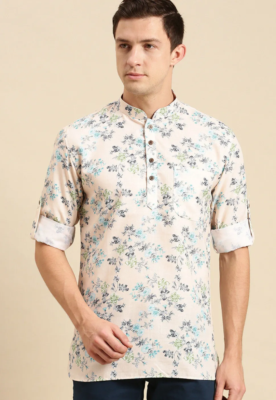 Printed Cotton Short Kurta in Cream