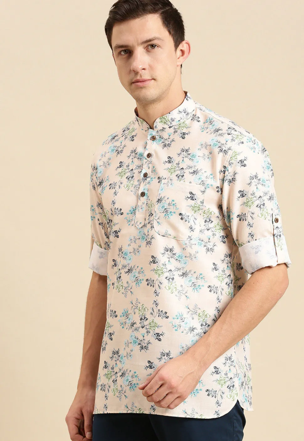 Printed Cotton Short Kurta in Cream