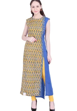 Printed Cotton Side Slit Straight Kurta in Yellow and Blue