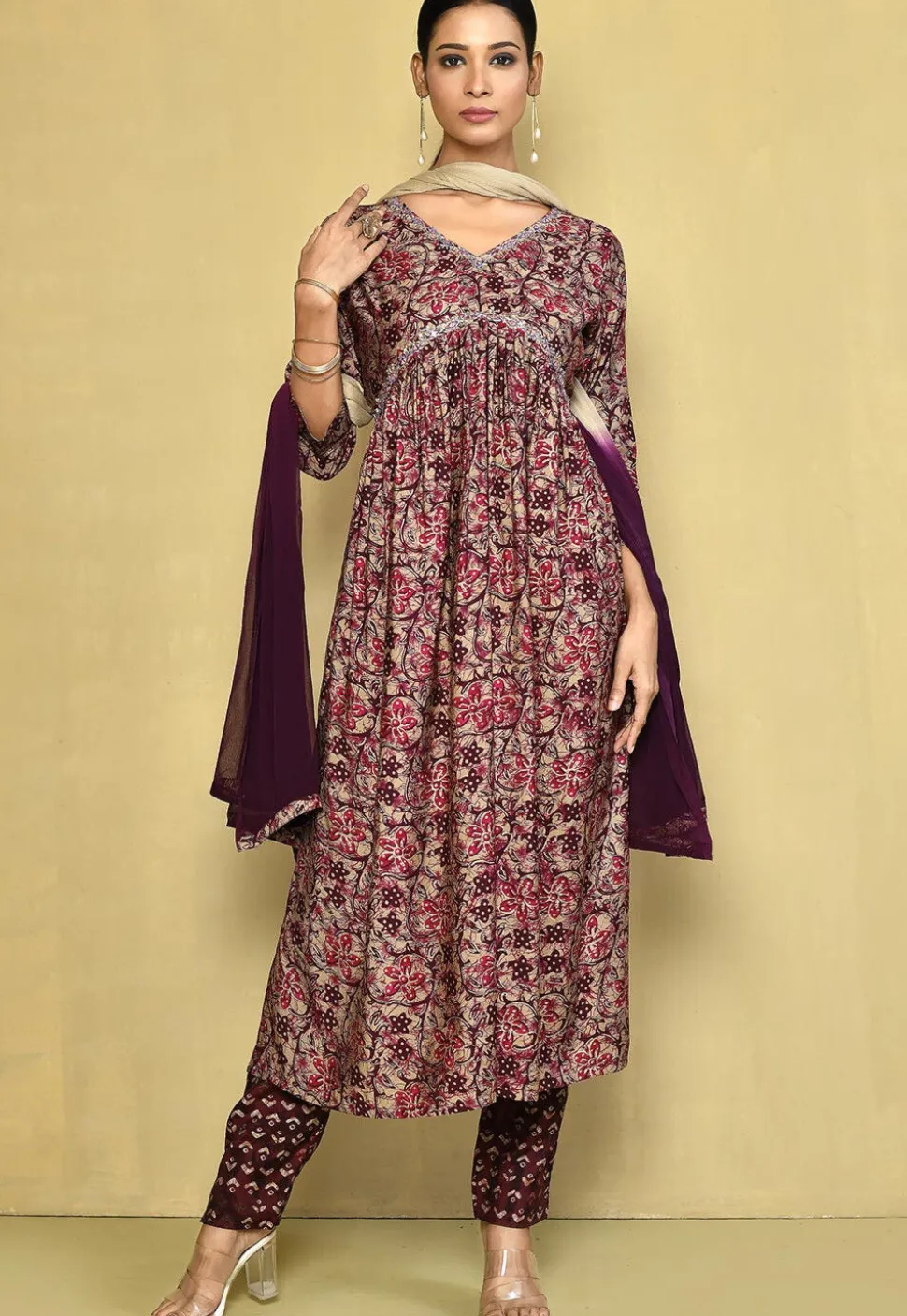 Printed Cotton Silk A Line Suit in Beige