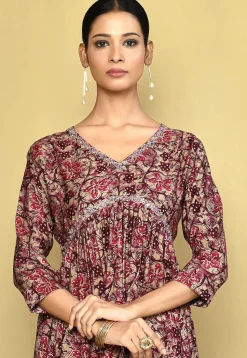 Printed Cotton Silk A Line Suit in Beige