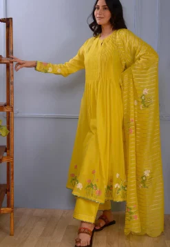 Printed Cotton Silk Aline Suit in Yellow
