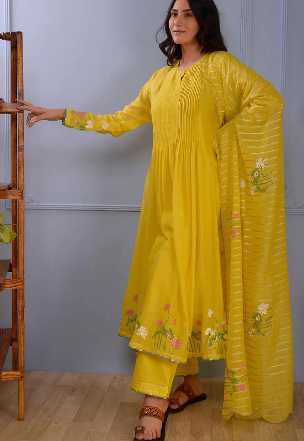 Printed Cotton Silk Aline Suit in Yellow