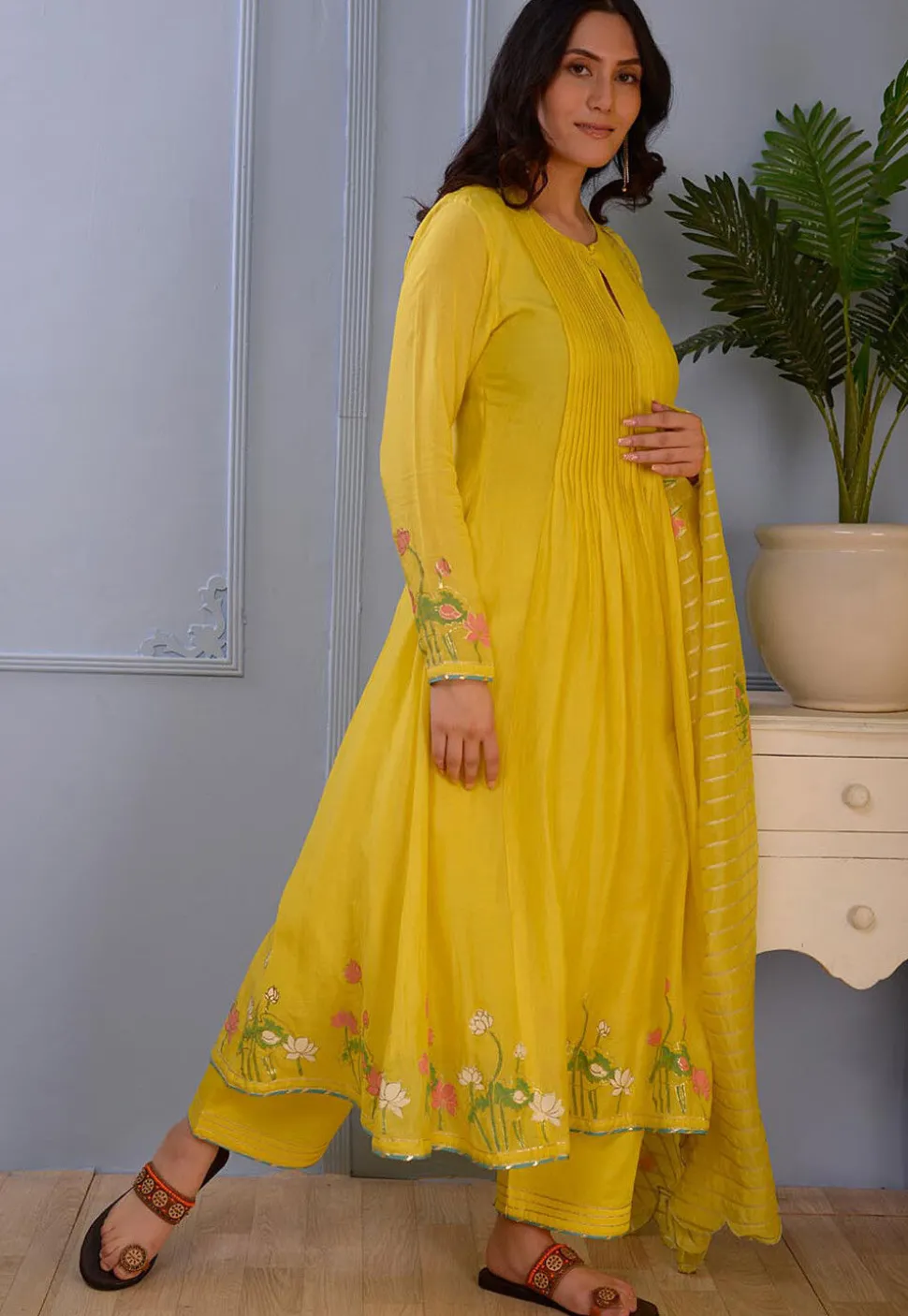 Printed Cotton Silk Aline Suit in Yellow