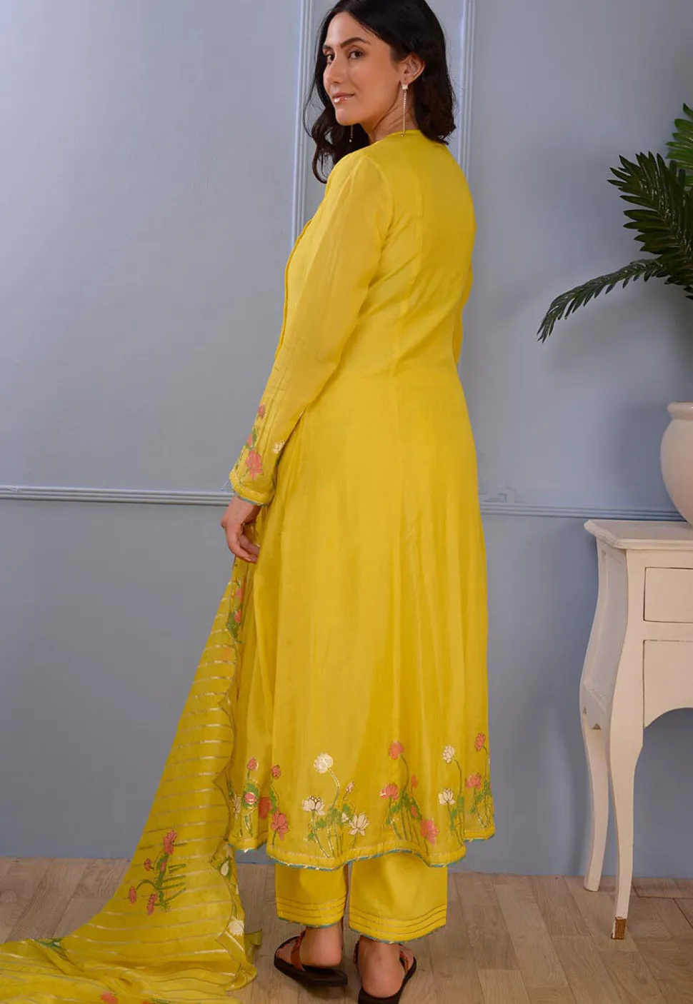Printed Cotton Silk Aline Suit in Yellow