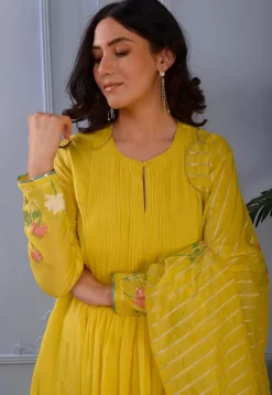Printed Cotton Silk Aline Suit in Yellow