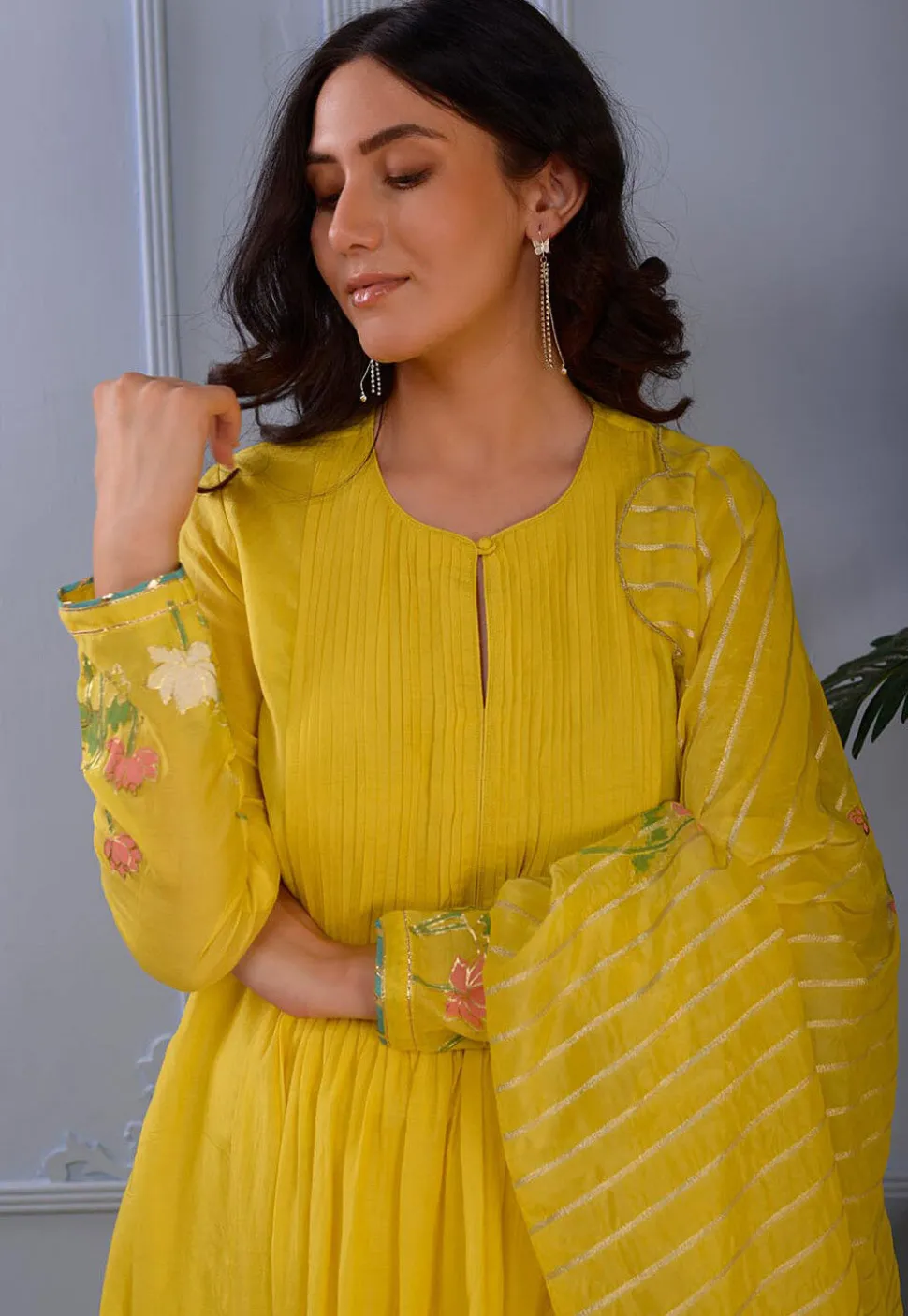 Printed Cotton Silk Aline Suit in Yellow