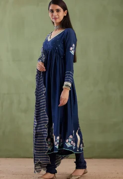 Printed Cotton Silk Aline Suit in Navy Blue