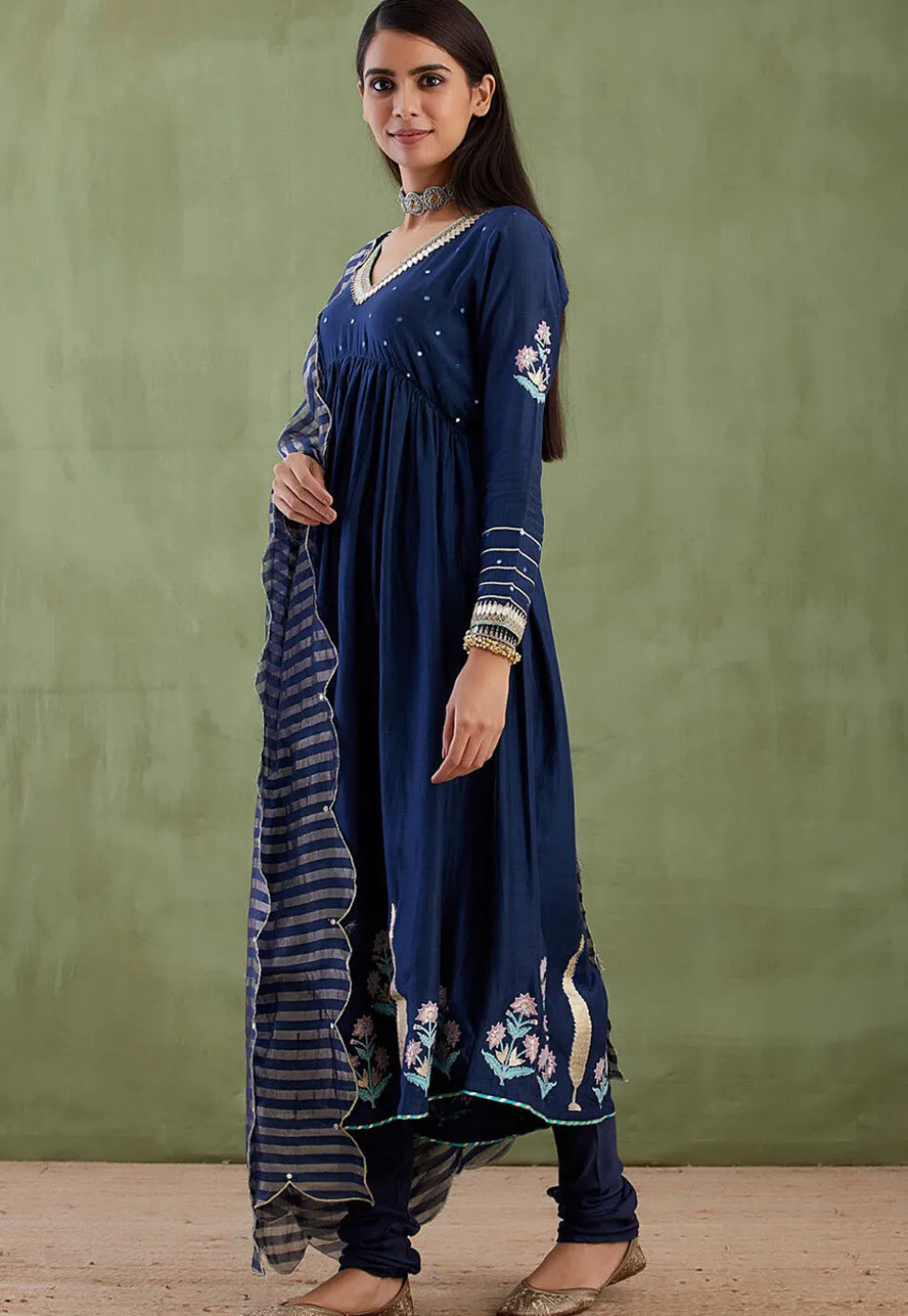 Printed Cotton Silk Aline Suit in Navy Blue