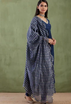 Printed Cotton Silk Aline Suit in Navy Blue