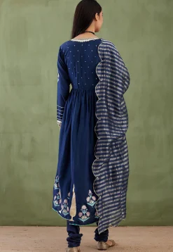 Printed Cotton Silk Aline Suit in Navy Blue