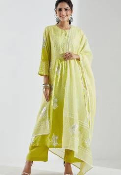 Printed Cotton Silk Aline Suit in Ombre Light Green