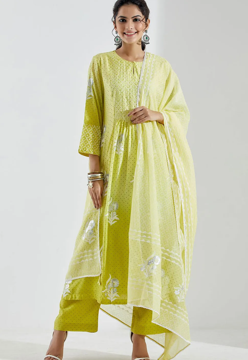Printed Cotton Silk Aline Suit in Ombre Light Green
