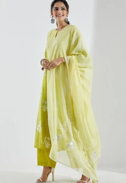 Printed Cotton Silk Aline Suit in Ombre Light Green