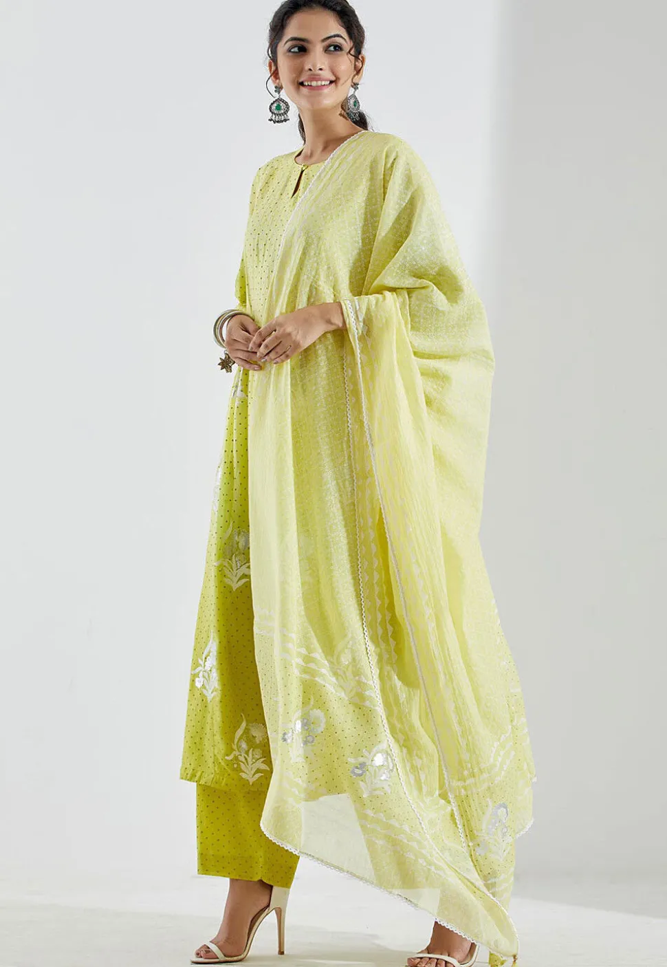 Printed Cotton Silk Aline Suit in Ombre Light Green