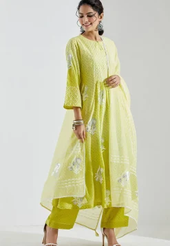 Printed Cotton Silk Aline Suit in Ombre Light Green