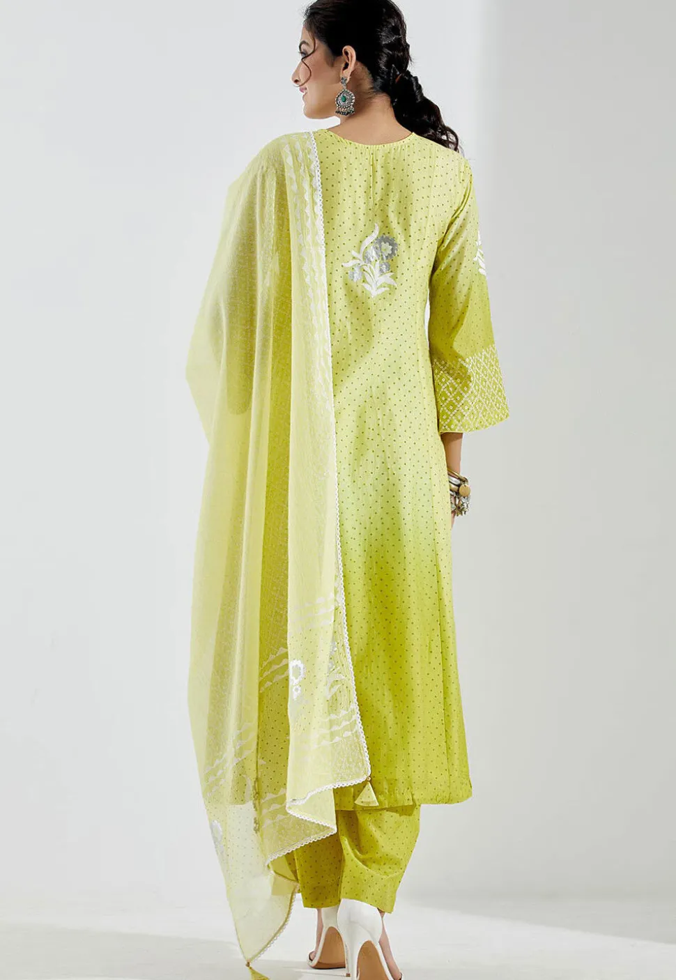 Printed Cotton Silk Aline Suit in Ombre Light Green