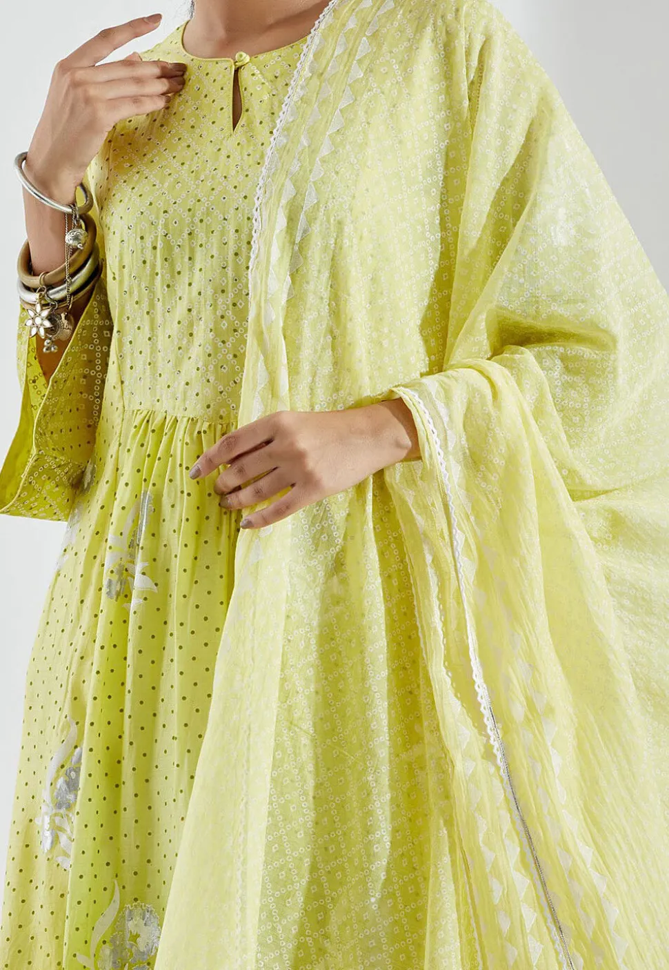 Printed Cotton Silk Aline Suit in Ombre Light Green