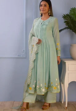 Printed Cotton Silk Aline Suit in Pastel Green