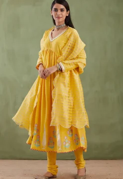 Printed Cotton Silk Aline Suit in Yellow