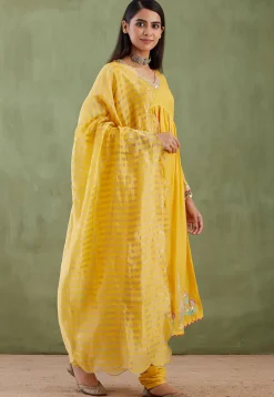 Printed Cotton Silk Aline Suit in Yellow