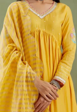 Printed Cotton Silk Aline Suit in Yellow