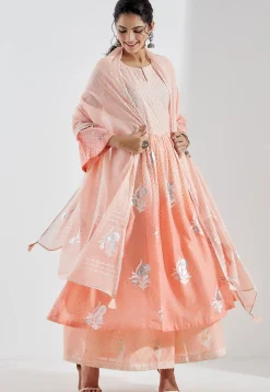Printed Cotton Silk Aline Suit in Ombre Peach