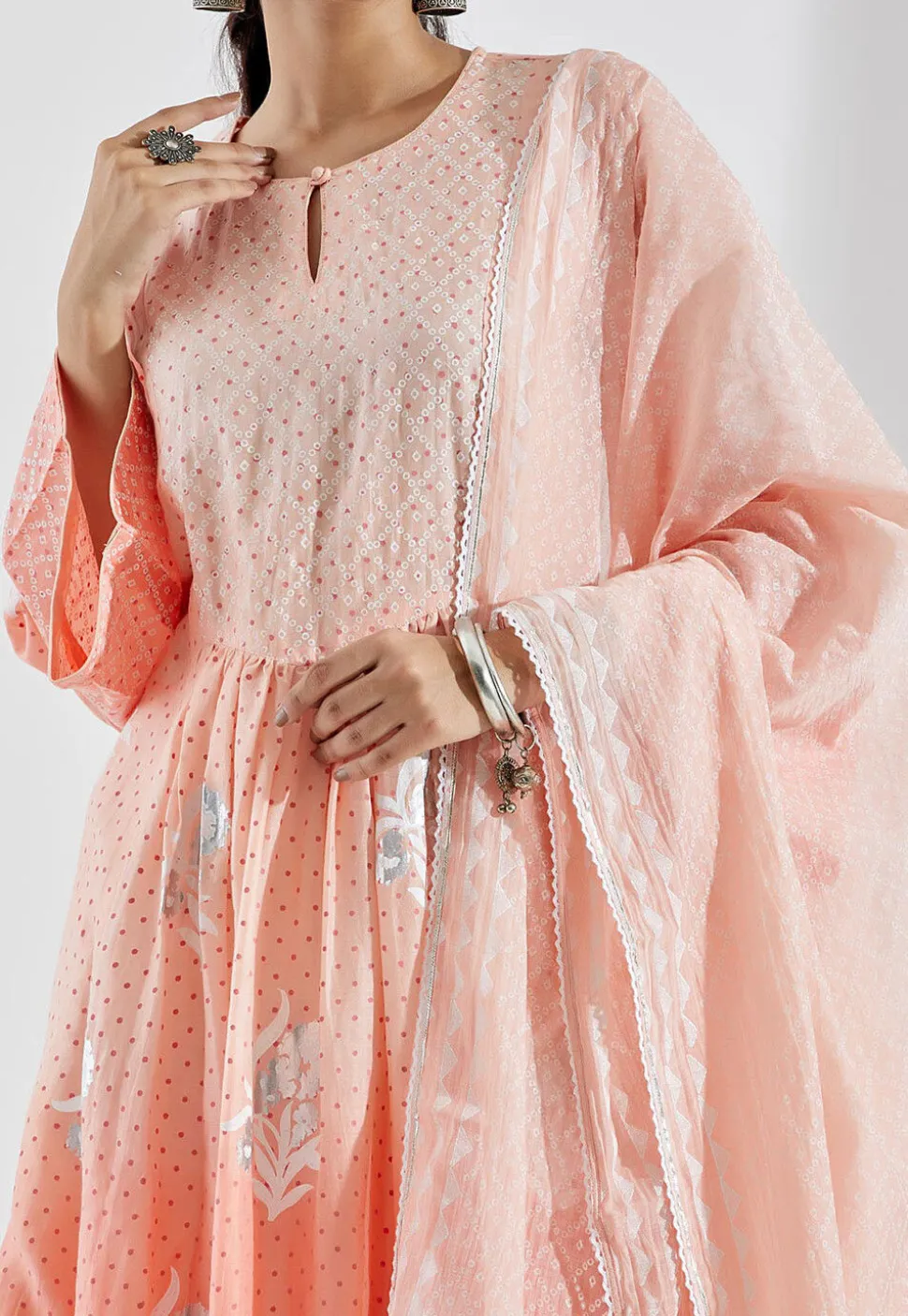 Printed Cotton Silk Aline Suit in Ombre Peach