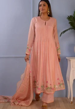 Printed Cotton Silk Aline Suit in Peach