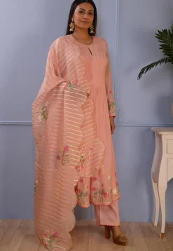 Printed Cotton Silk Aline Suit in Peach
