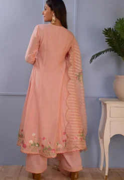 Printed Cotton Silk Aline Suit in Peach