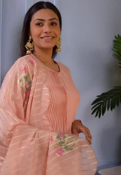 Printed Cotton Silk Aline Suit in Peach