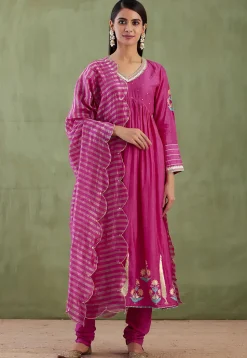 Printed Cotton Silk Aline Suit in Magenta