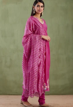 Printed Cotton Silk Aline Suit in Magenta