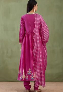 Printed Cotton Silk Aline Suit in Magenta