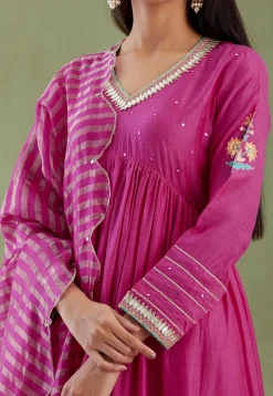 Printed Cotton Silk Aline Suit in Magenta