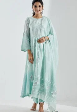 Printed Cotton Silk Aline Suit in Ombre Pastel Blue