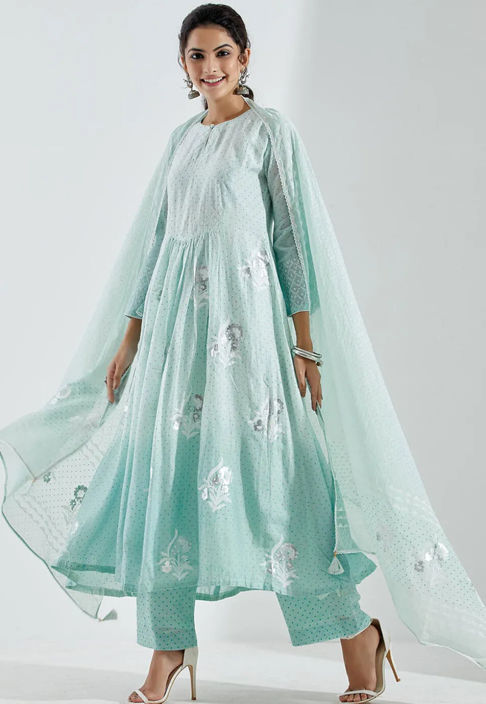 Printed Cotton Silk Aline Suit in Ombre Pastel Blue