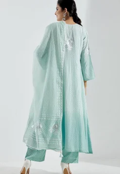 Printed Cotton Silk Aline Suit in Ombre Pastel Blue