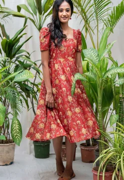 Printed Cotton Silk Dress in Dark Red