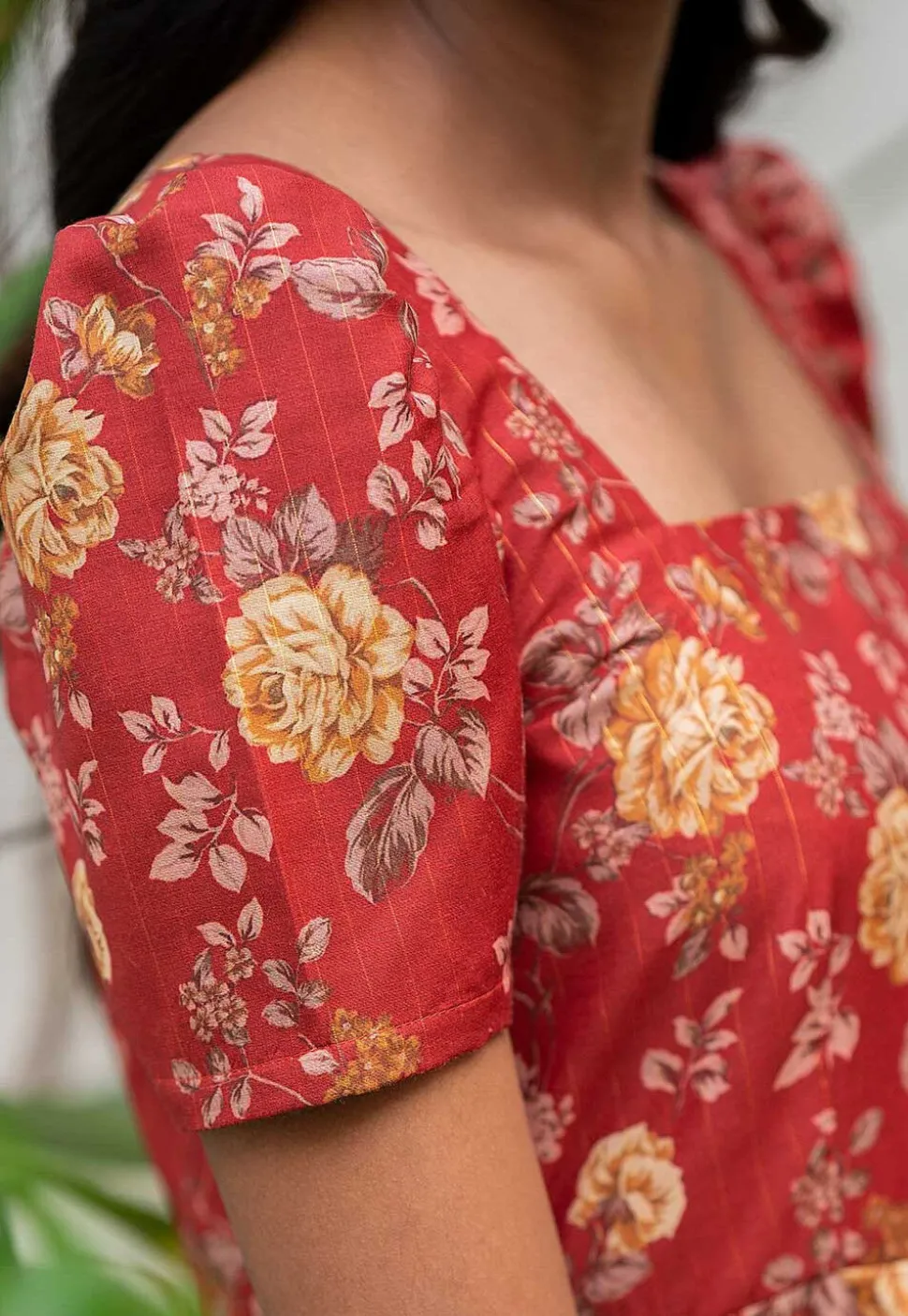 Printed Cotton Silk Dress in Dark Red