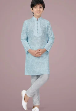 Printed Cotton Silk Kurta Set in Light Sky Blue